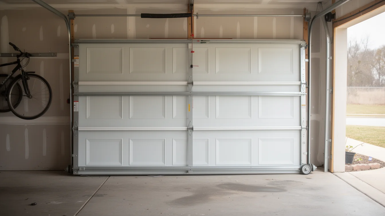 A white garage door is closed inside a garage with a bicycle hanging on the left wall.