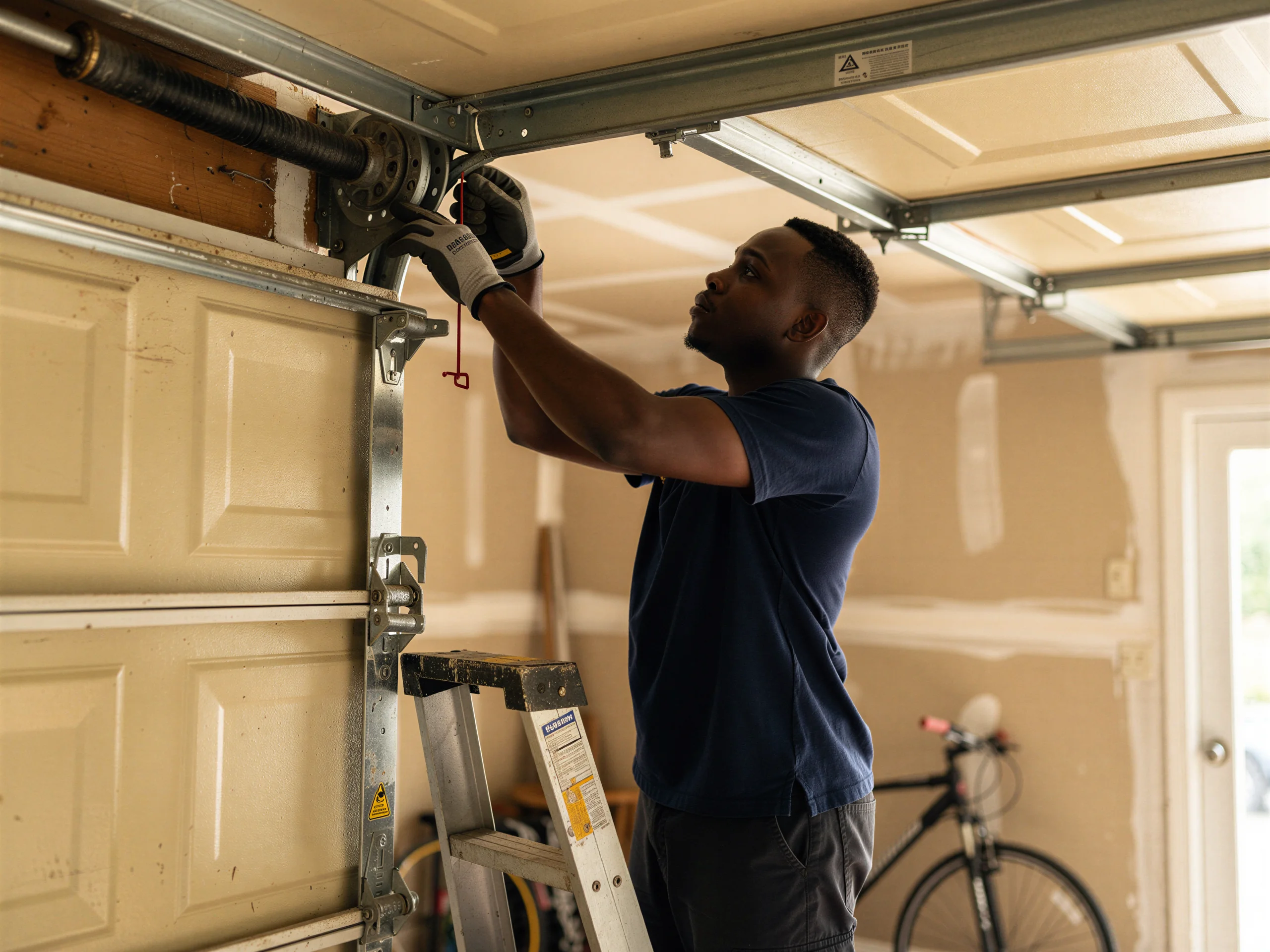 A technician on a ladder adjusts the torsion spring above a garage door.