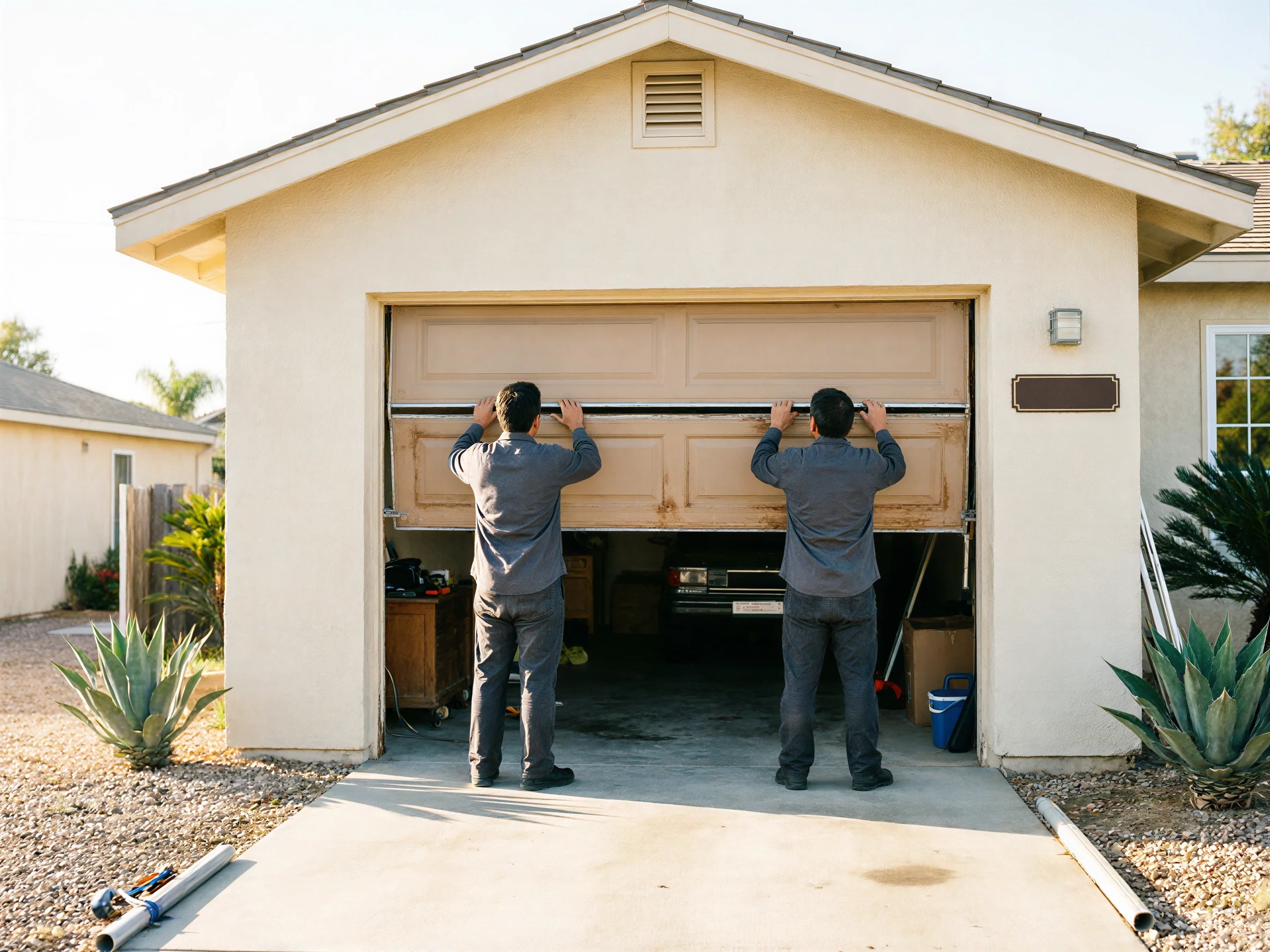 Two technicians install a light brown garage door on a beige house.