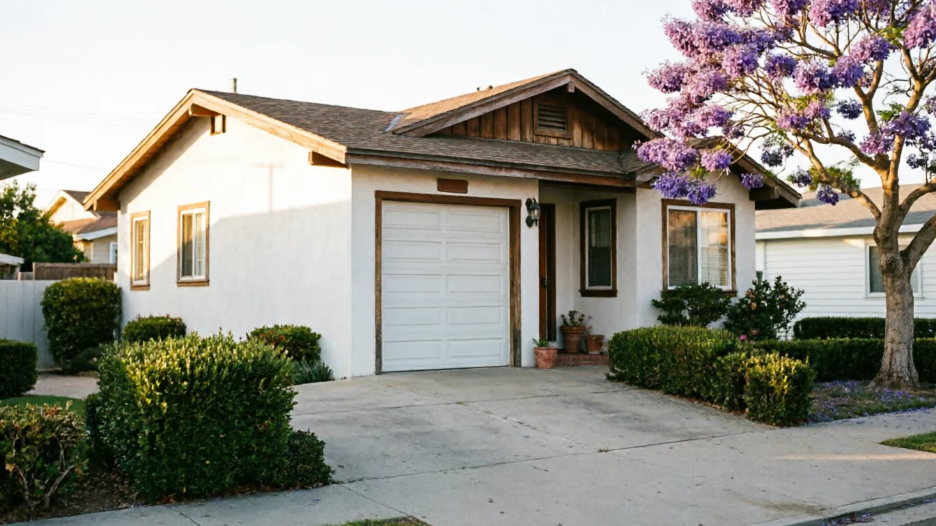 A white house with a single white garage door and a purple flowering tree.