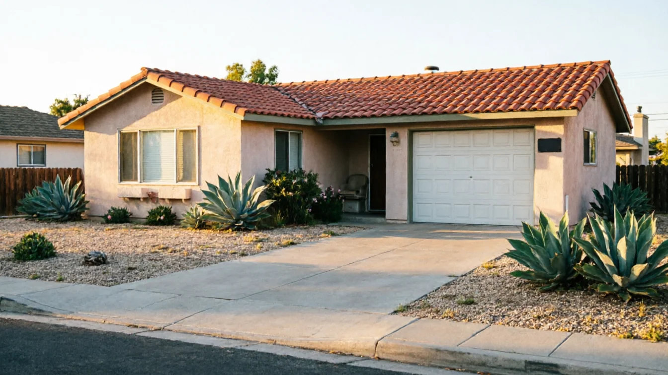 A light pink house with a white garage door and a red tile roof.